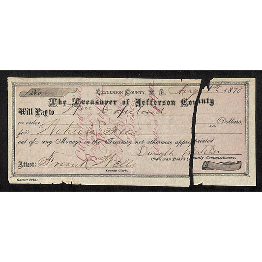 1870 Treasurer of Jefferson County Montana Territory Treasury Draft w/ Damage