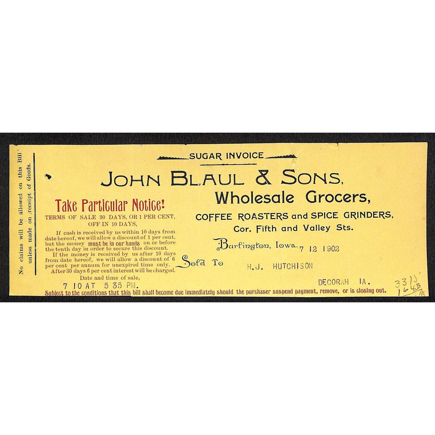 John Blaul's Sons Coffee Burlington IA Hutchinson* 7/12 1902 Cut "Sugar Invoice"