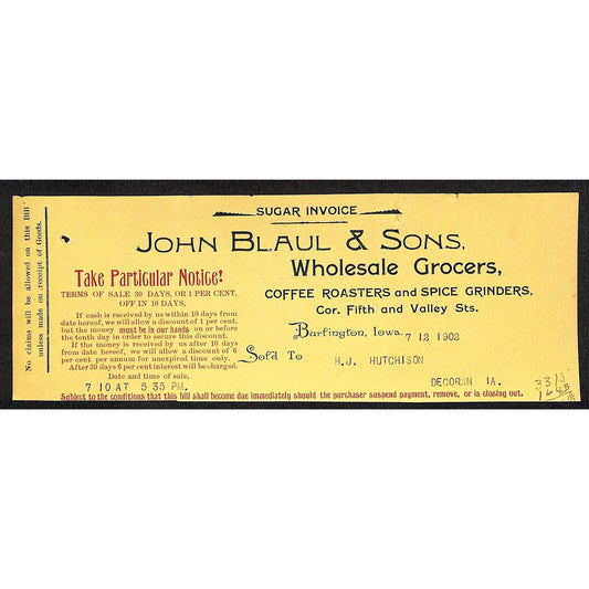 John Blaul's Sons Coffee Burlington IA Hutchinson* 7/12 1902 Cut "Sugar Invoice"
