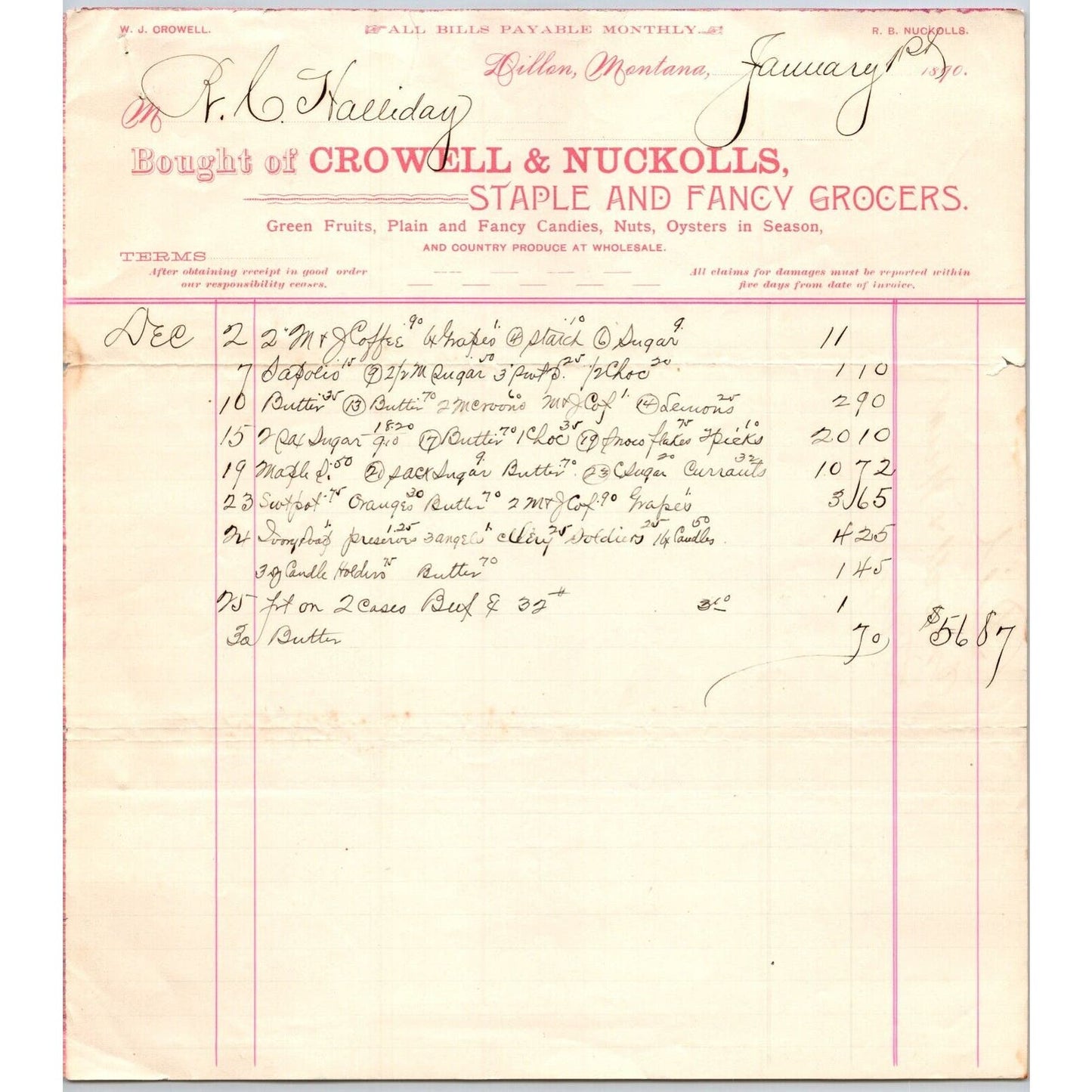 Dillon MT Crowell & Nuckolls Jan. 1890 Billhead Fancy Groceries R.C. Halliday*