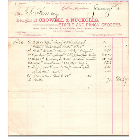 Dillon MT Crowell & Nuckolls Jan. 1890 Billhead Fancy Groceries R.C. Halliday*