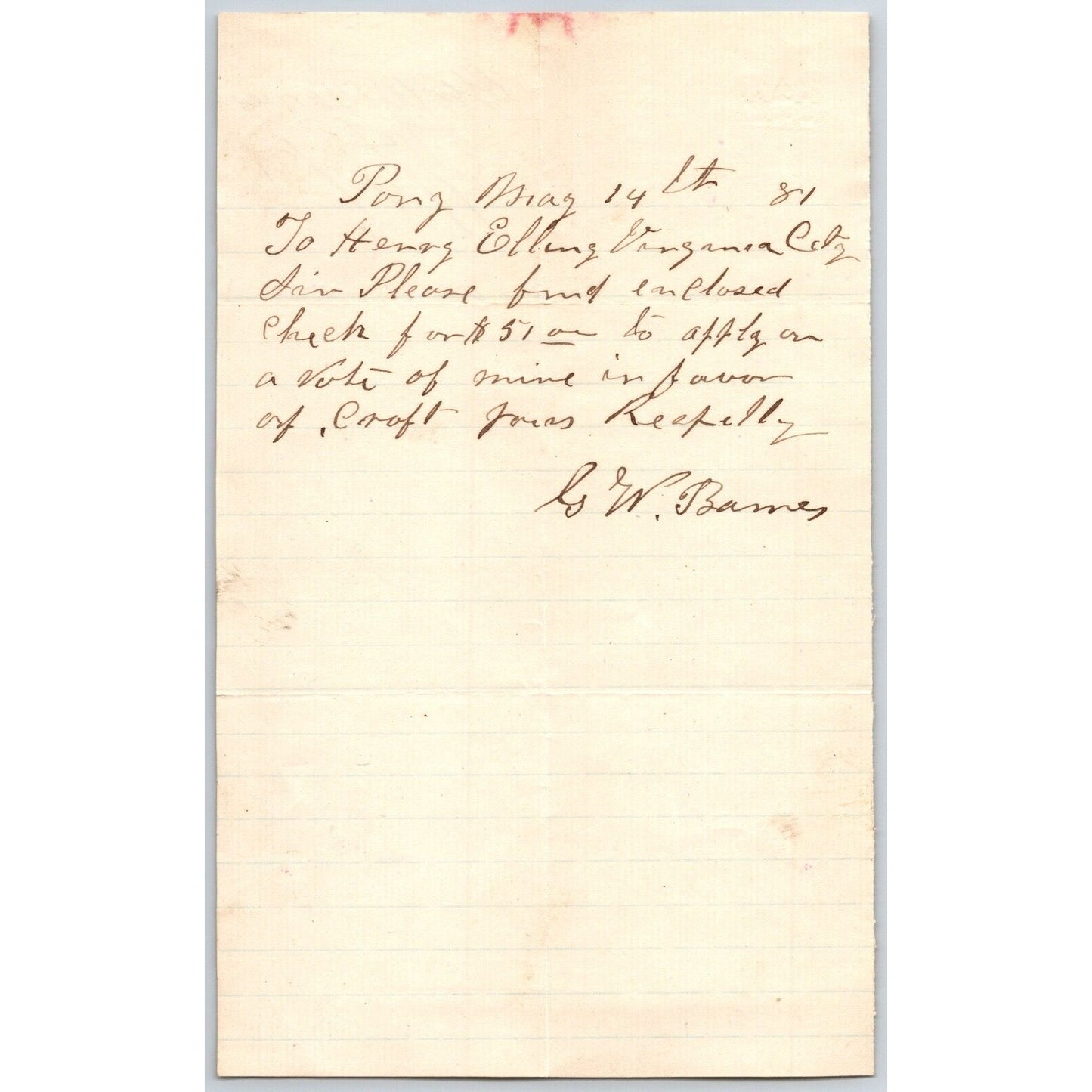 1881 G.W. Barnes Pony, MT ALS to Henry Elling* re: $51 Payment