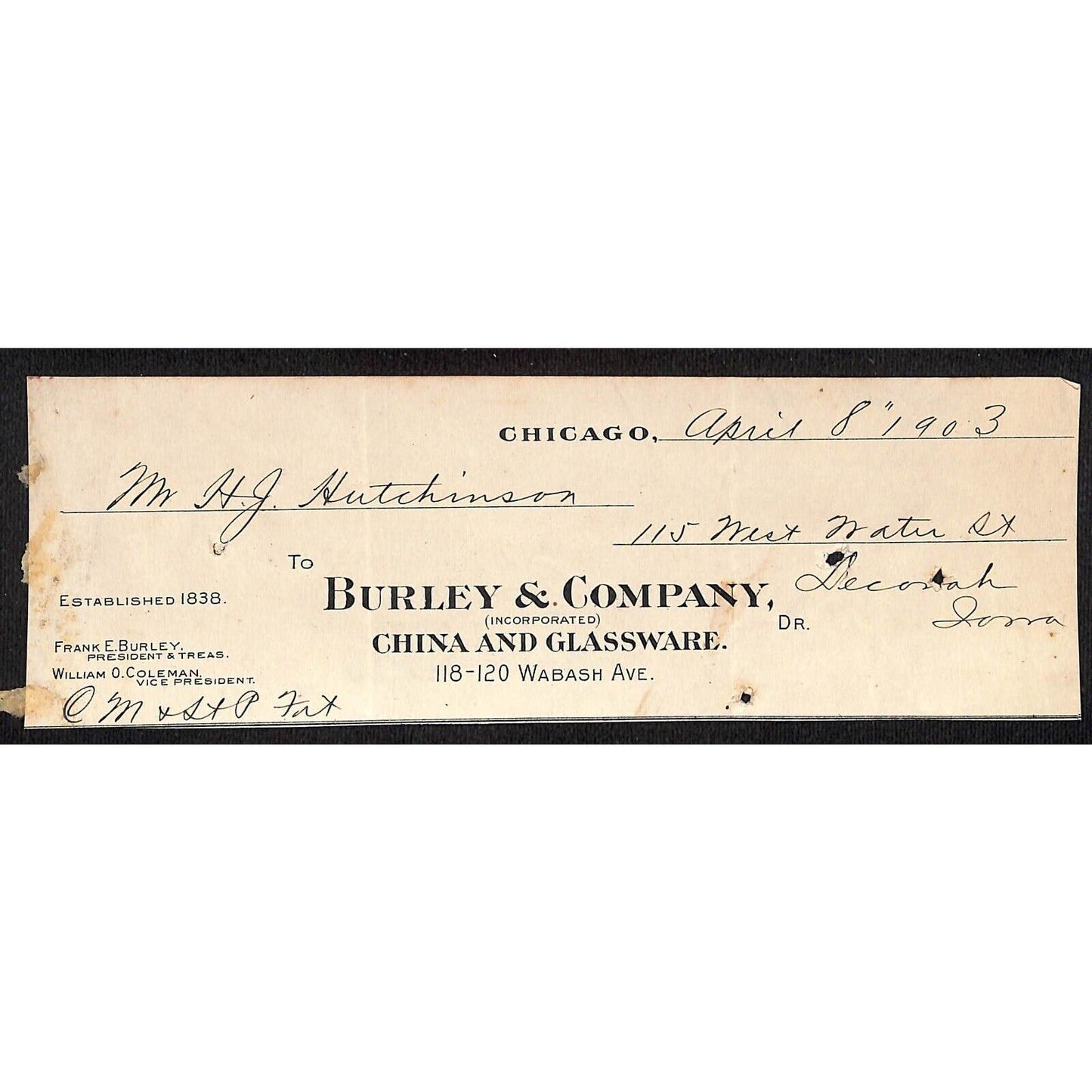 Burley & Company China Glass Chicago Hutchinson Decorah IA* Cut 1903 Billhead