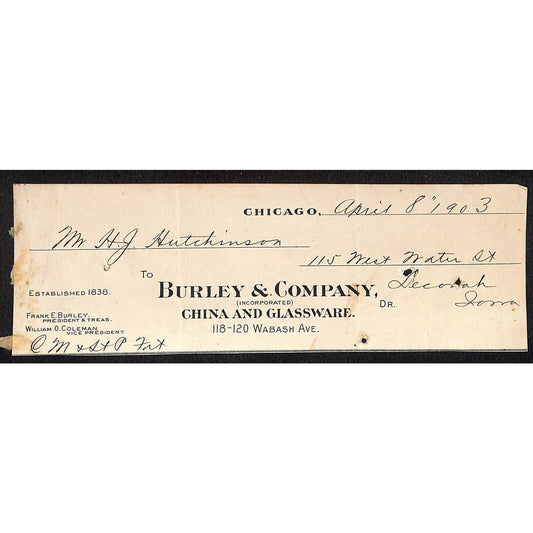 Burley & Company China Glass Chicago Hutchinson Decorah IA* Cut 1903 Billhead