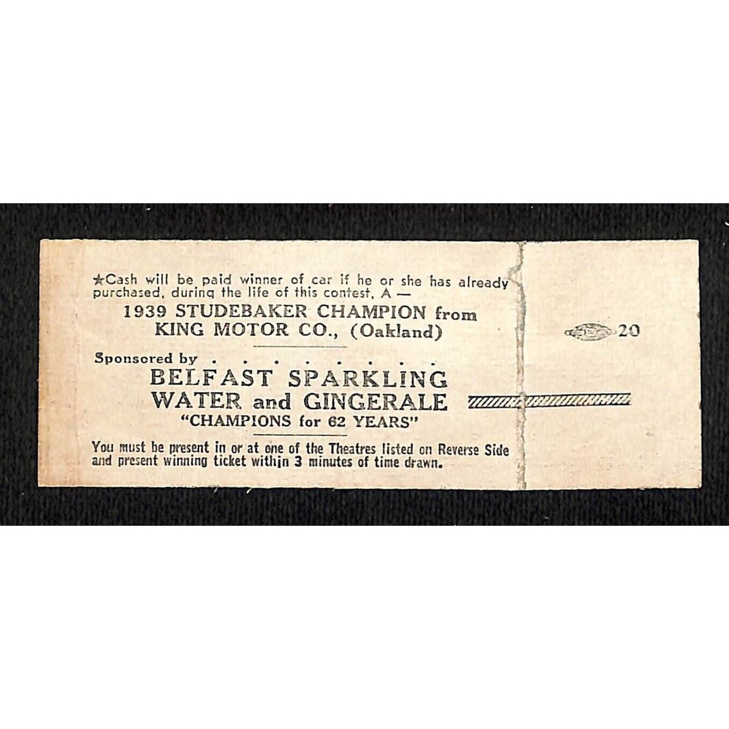 1939 Studebaker Champion Raffle Drawing Ticket at Fox Theatre Oakland Berkeley