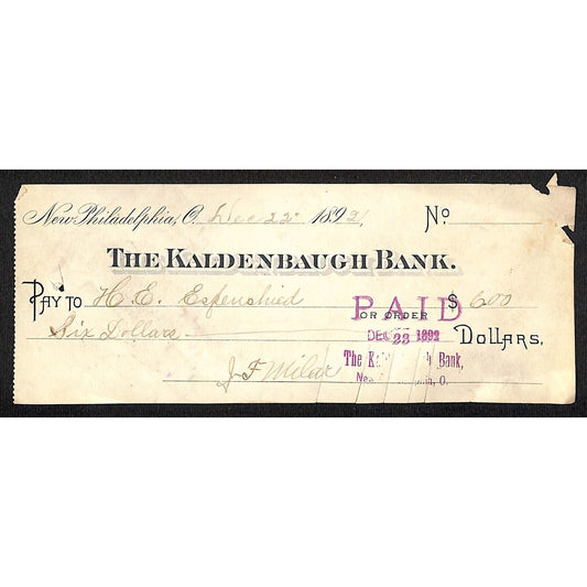 Kaldenbaugh Bank New Philadelphia, OH 1892 Bank Check "H.E. Espenshied"