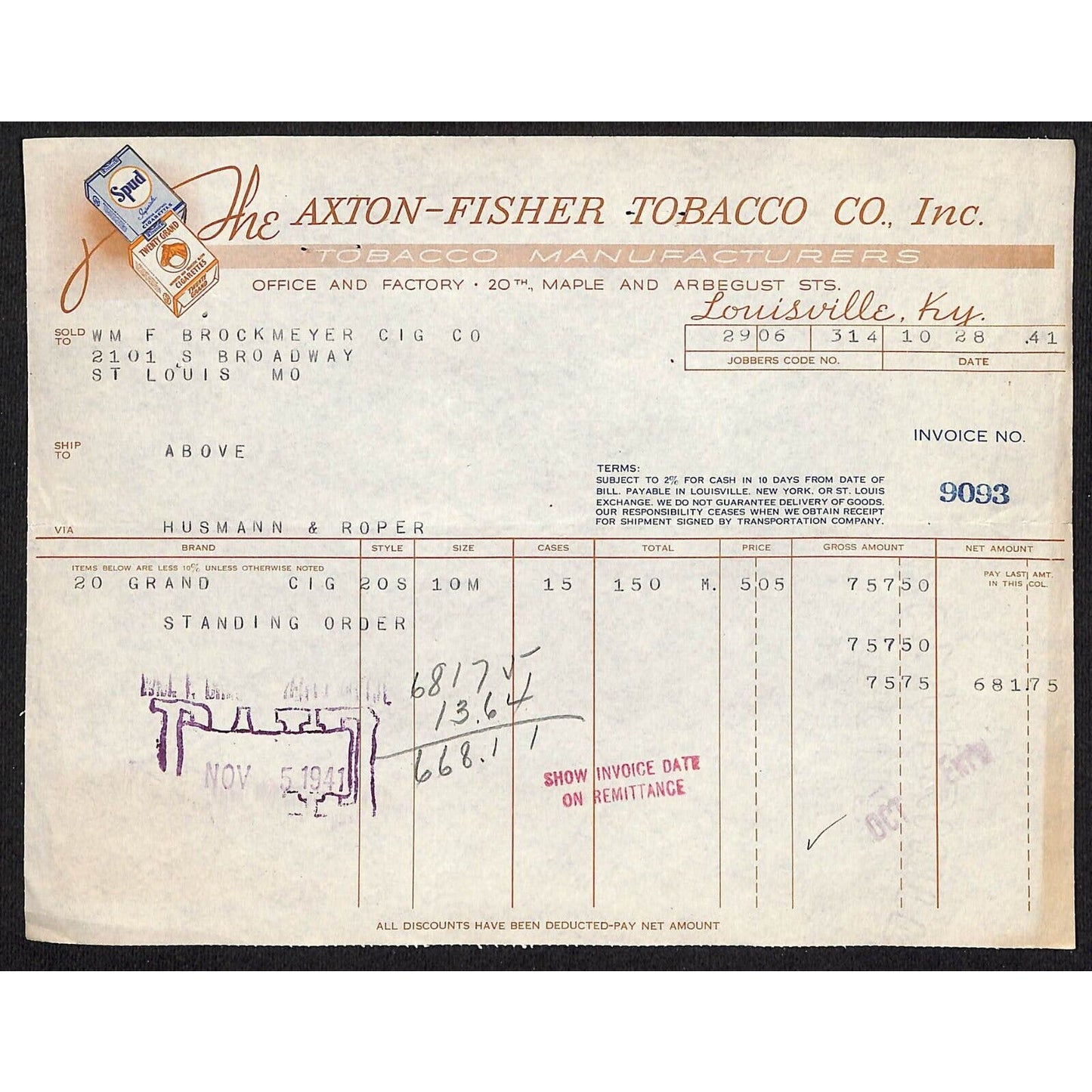 Louisville, KY The Axton-Fisher Tobacco Co Spud Twenty Grand 10/28 1941 Billhead