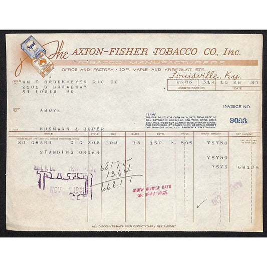 Louisville, KY The Axton-Fisher Tobacco Co Spud Twenty Grand 10/28 1941 Billhead