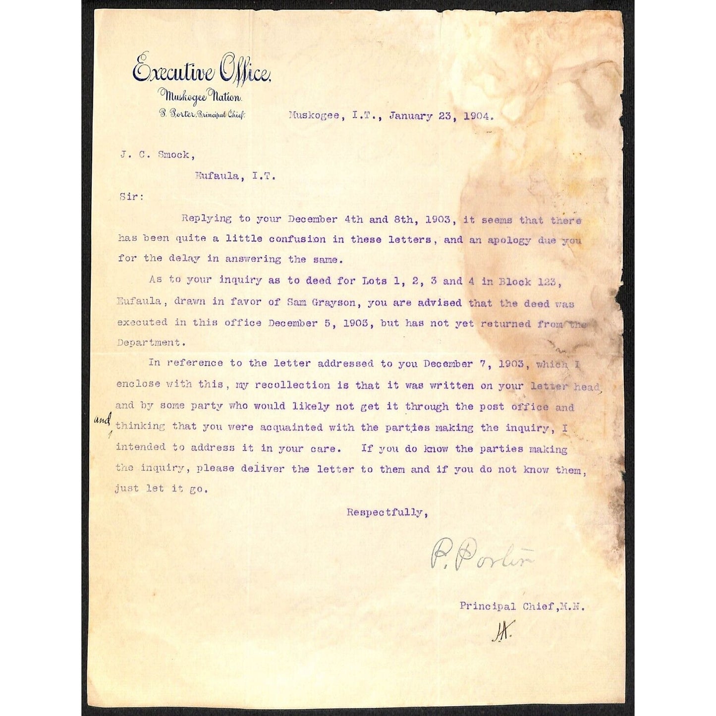1904 Pleasant Porter "Executive Office Muskogee Nation" I.T. OK Letterhead