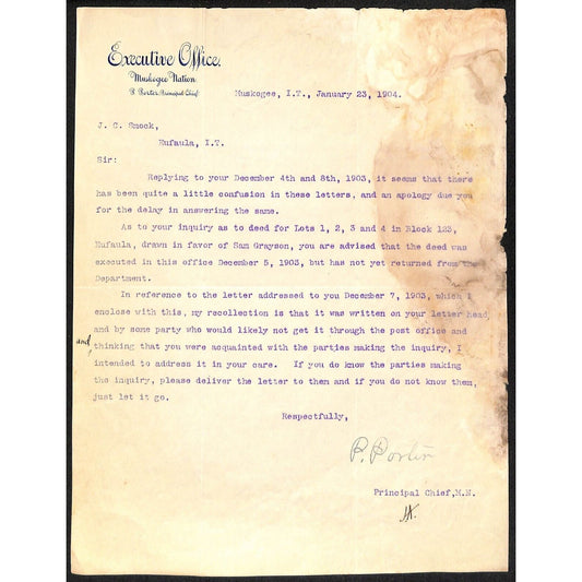 1904 Pleasant Porter "Executive Office Muskogee Nation" I.T. OK Letterhead