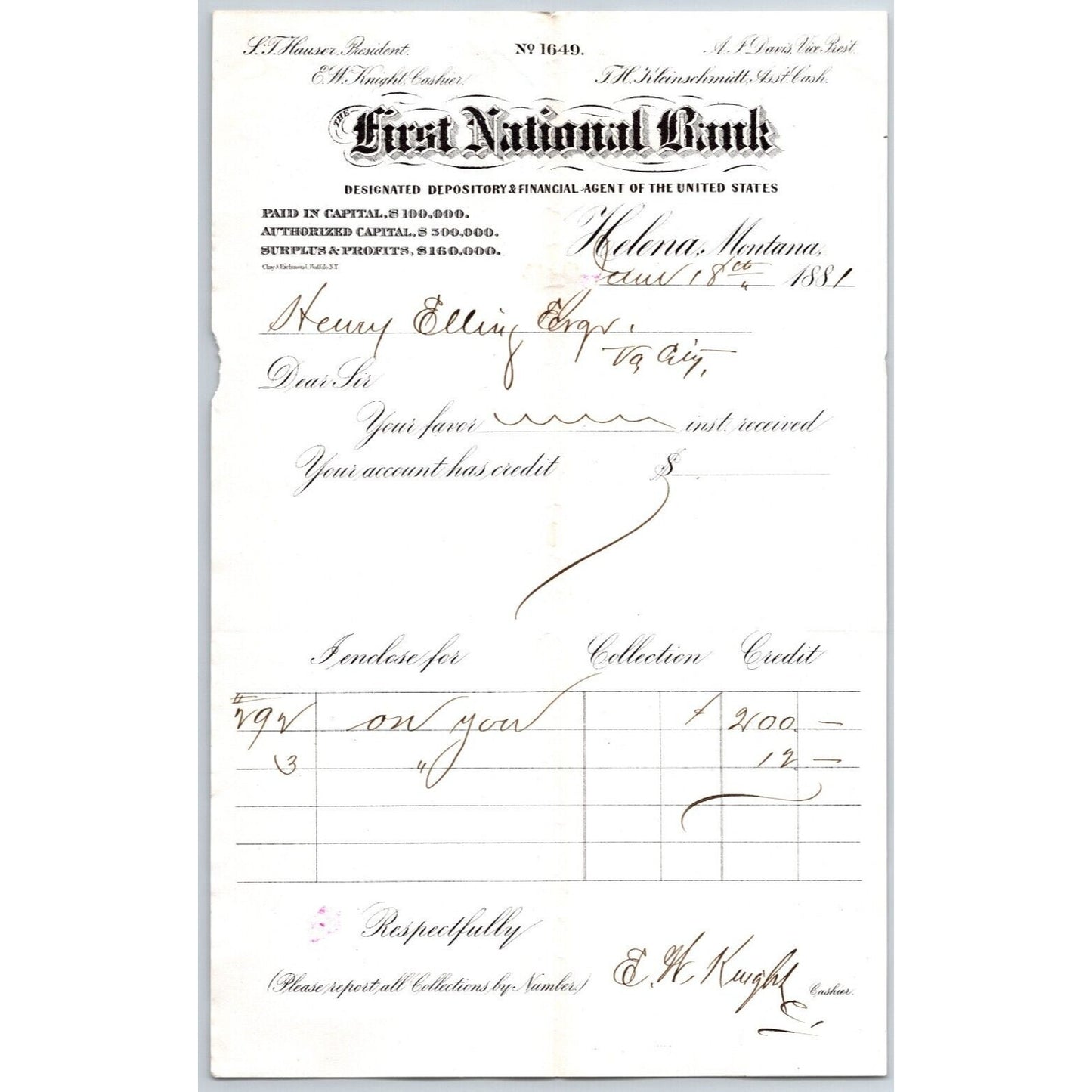 First National Bank Helena, MT 6/18 1881 Payment Advice Henry Elling*