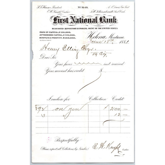 First National Bank Helena, MT 6/18 1881 Payment Advice Henry Elling*