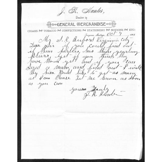 Ferguson, MT J.R. Hunter General Merchandise Confections ALS c1880 Buford*