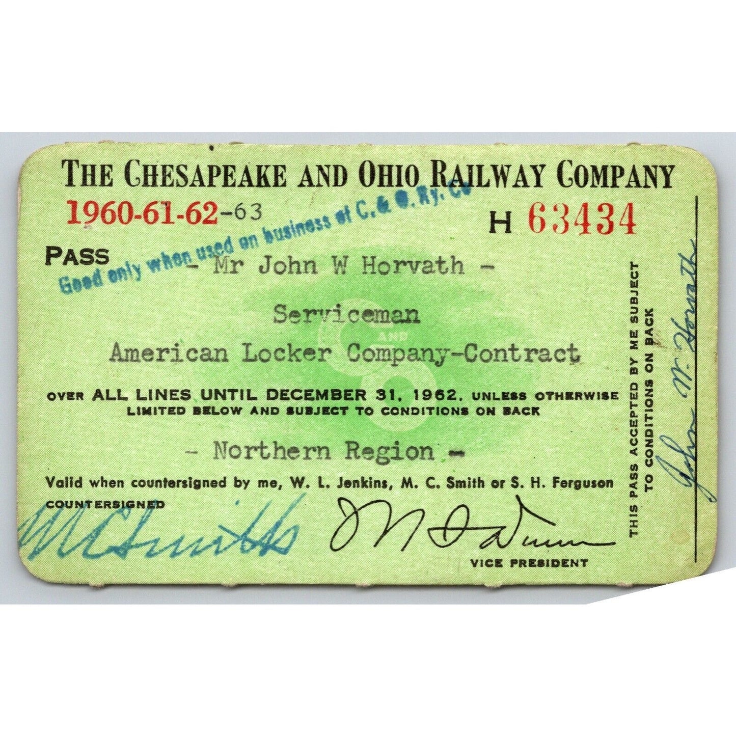 Chesapeake and Ohio Railway 1960-61-62-63 Yearly Train Pass #63434