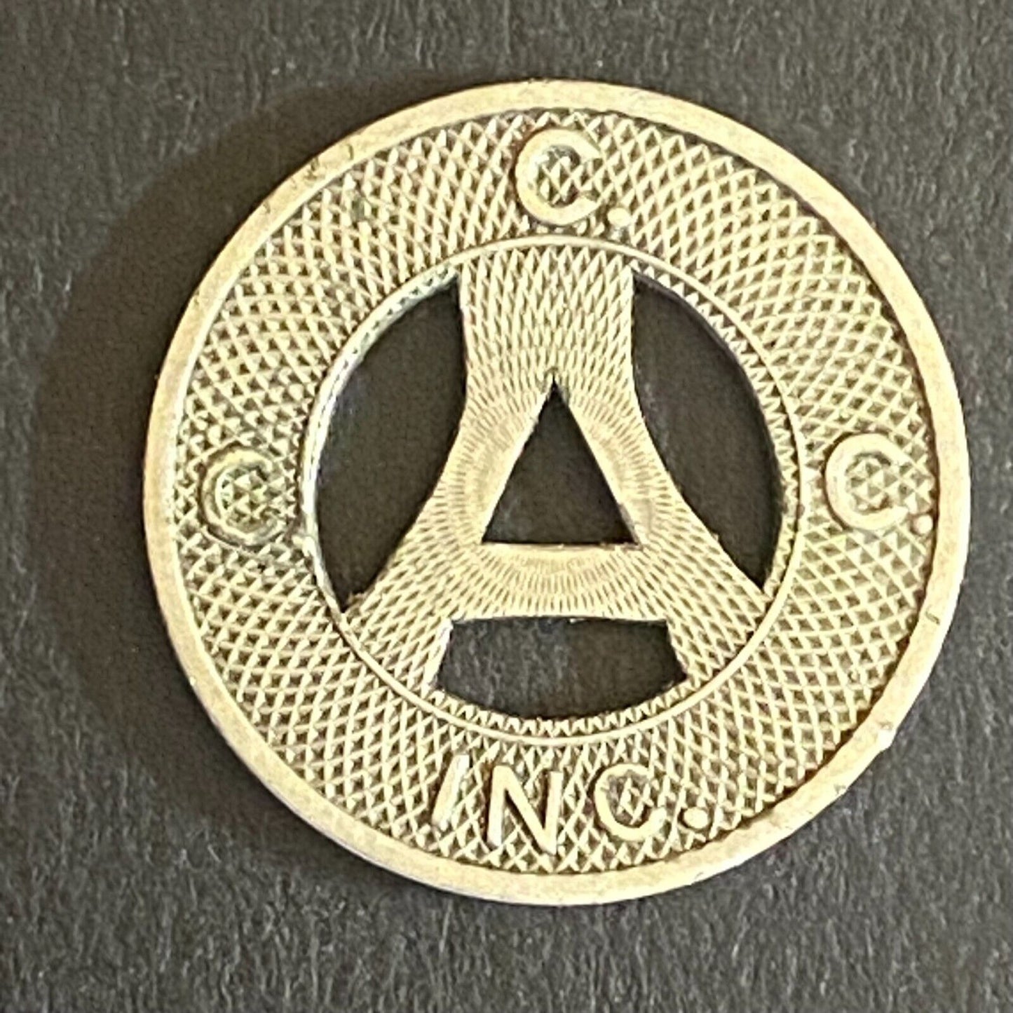 C.C.C. Inc. Alton, IL G/F One City Fare Transit Token 13mm Hanging "A" VGC