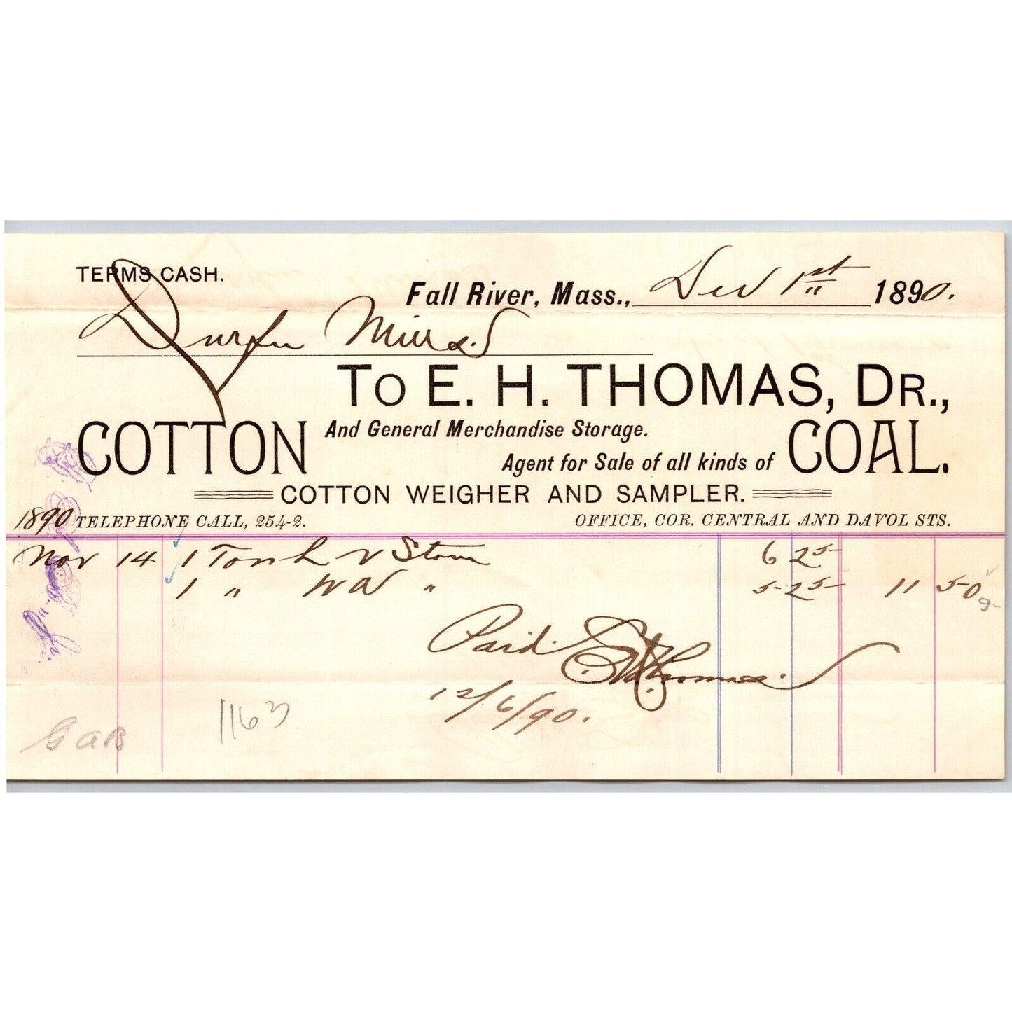 E.H. Thomas Cotton Coal General Merchandise Fall River, MA 1890 Billhead