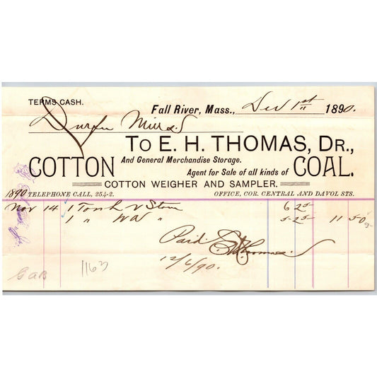 E.H. Thomas Cotton Coal General Merchandise Fall River, MA 1890 Billhead