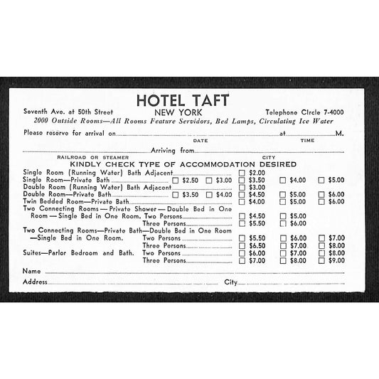 Hotel Taft NYC 7th Ave c1930's-40's Business Reply Card Postcard w/ Prices