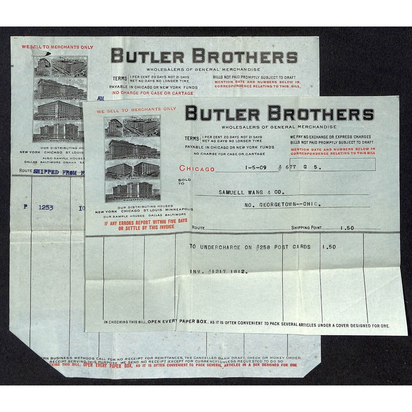 Butler Brothers Chicago Samuel Wang Co* N. Georgetown 1908-1909 Billhead & Cover