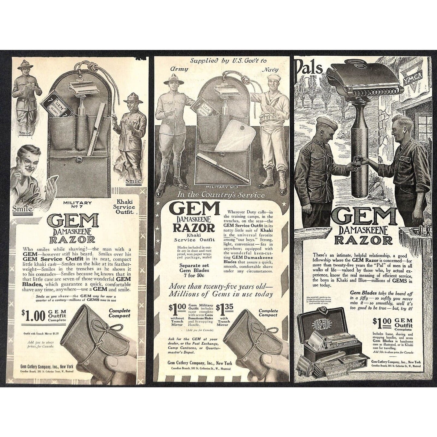 GEM Razor Blades Shaving Damaskeene Group of 22 WWI Era Magazine Ads