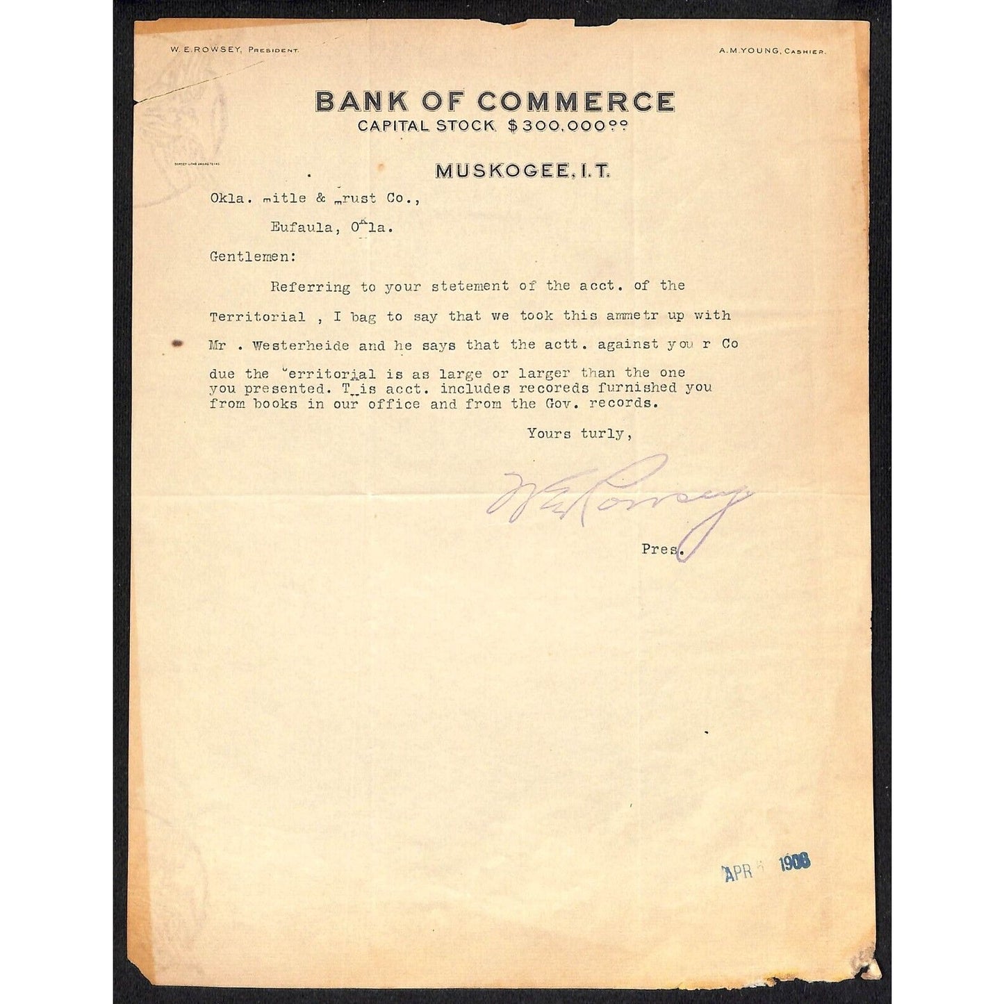 1908 Bank of Commerce Indian Territory Muskogee, OK Letterhead