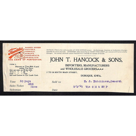 John T Hancock & Sons Dubuque Grocers Hutchinson Decorah* 3/5 1902 Cut Billhead