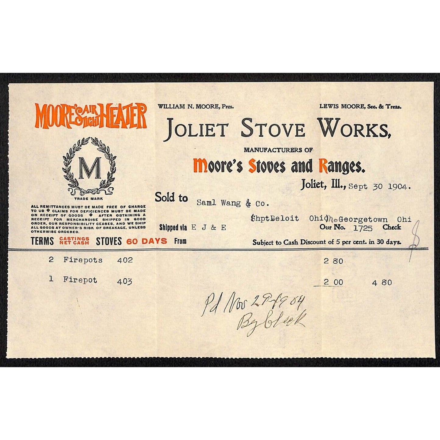 Joliet Stove Works Samuel Wang Co* N. Georgetown 1912 Billhead & Cover w/ Color