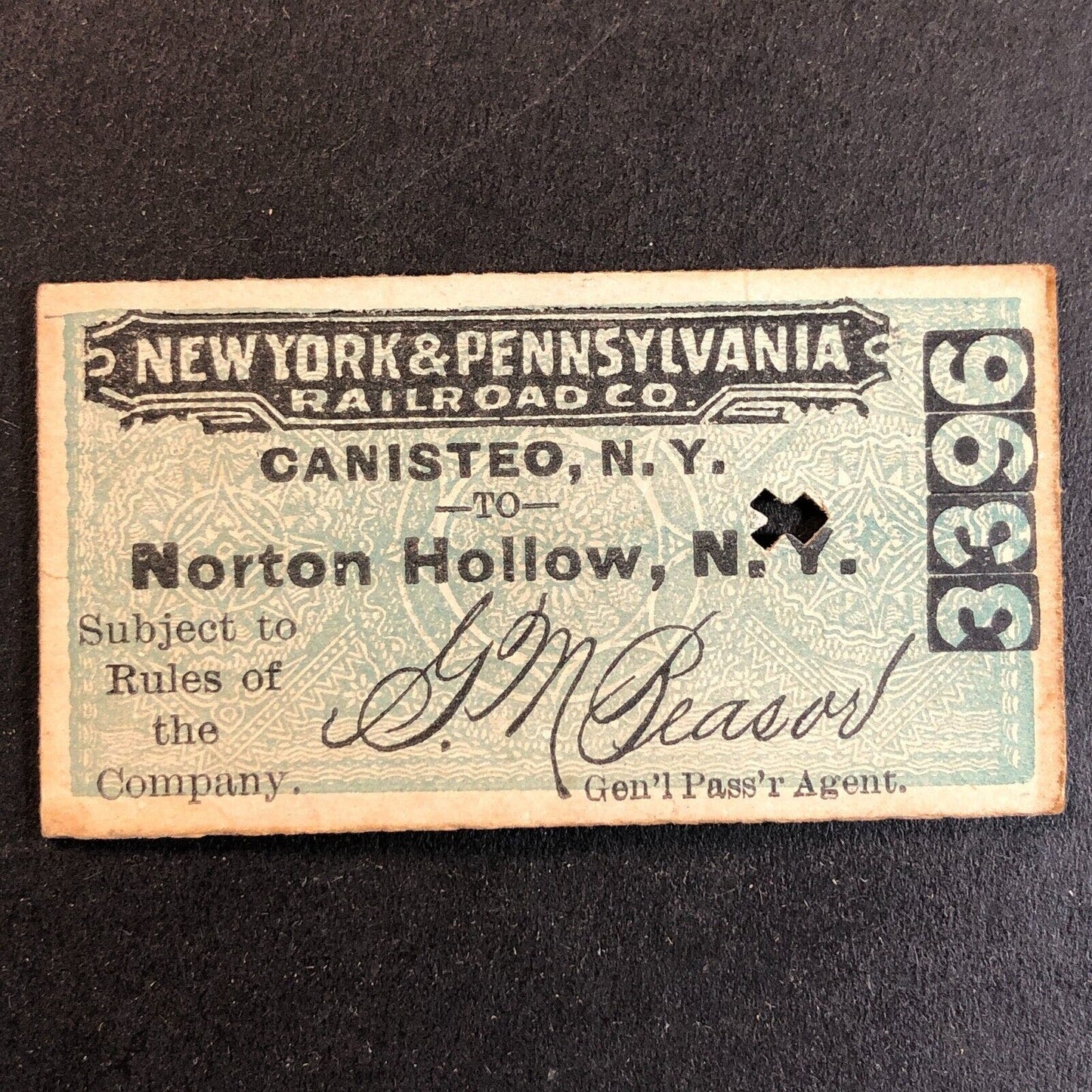New York & Pennsylvania Railroad July 21 1917 Norton Hollow Ticket #3396 Scarce