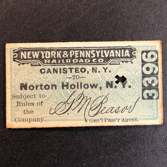 New York & Pennsylvania Railroad July 21 1917 Norton Hollow Ticket #3396 Scarce