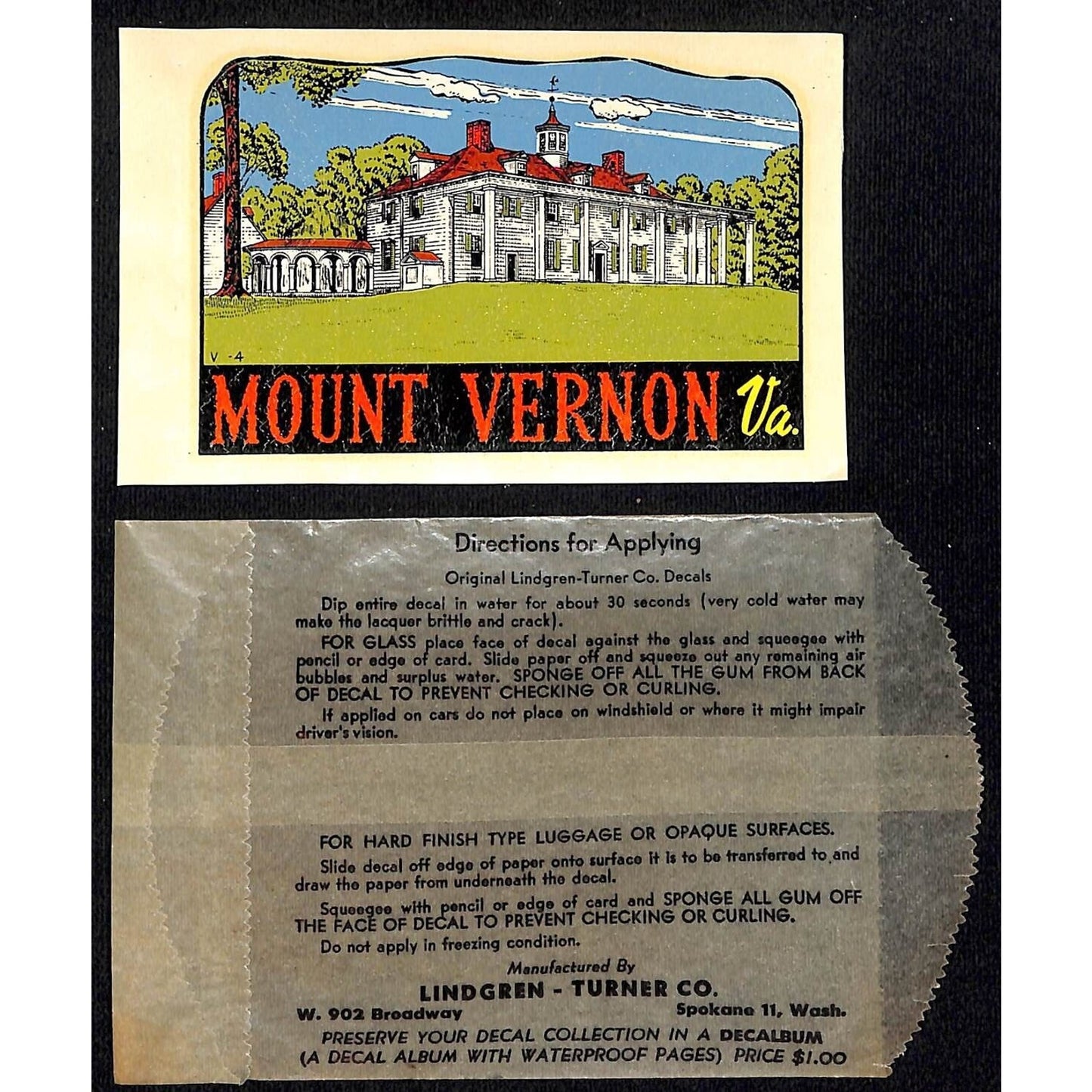 Mount Vernon Virginia Water Transfer Decal Travel Souvenir c1950's