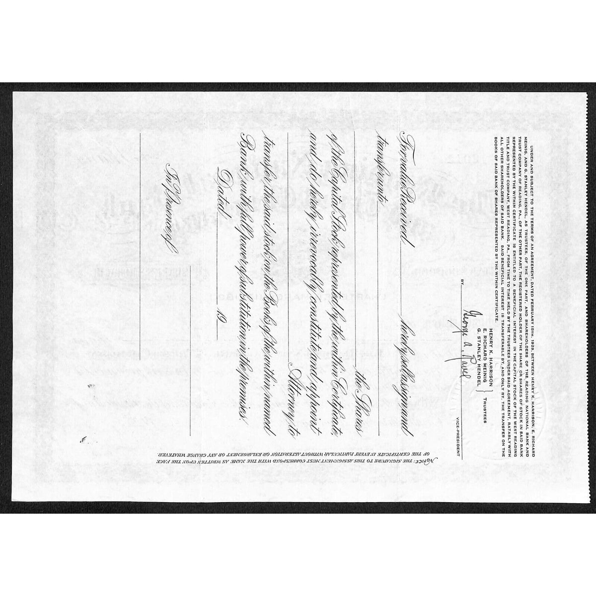 Reading National Bank and Trust PA 1929 Stock Certificate to R. Leah Hendel