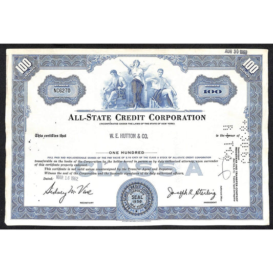 All State Credit Corporation NY 1962 Stock Certificate to: W.E. Hutton & Co.