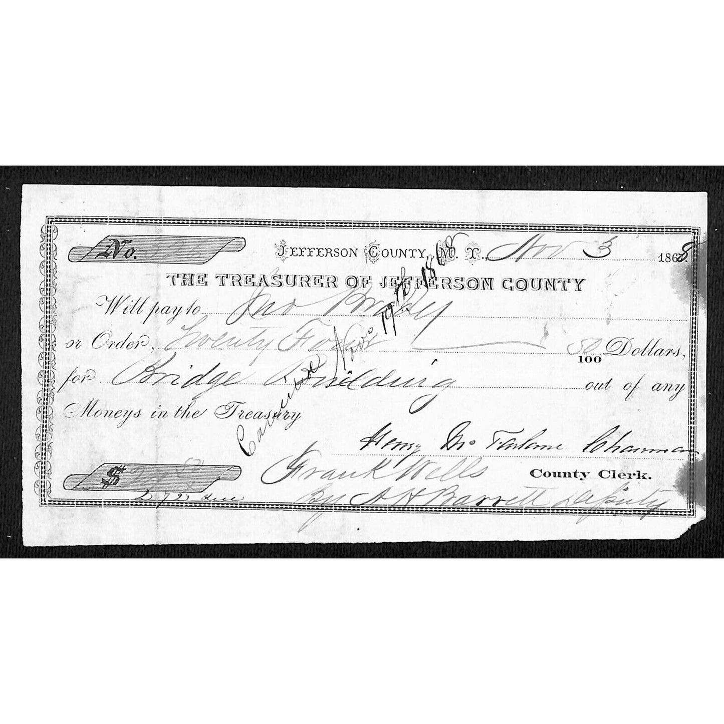 1868 Jefferson County (MT) Treasury Warrant / Draft for "Bridge Building" (#2)