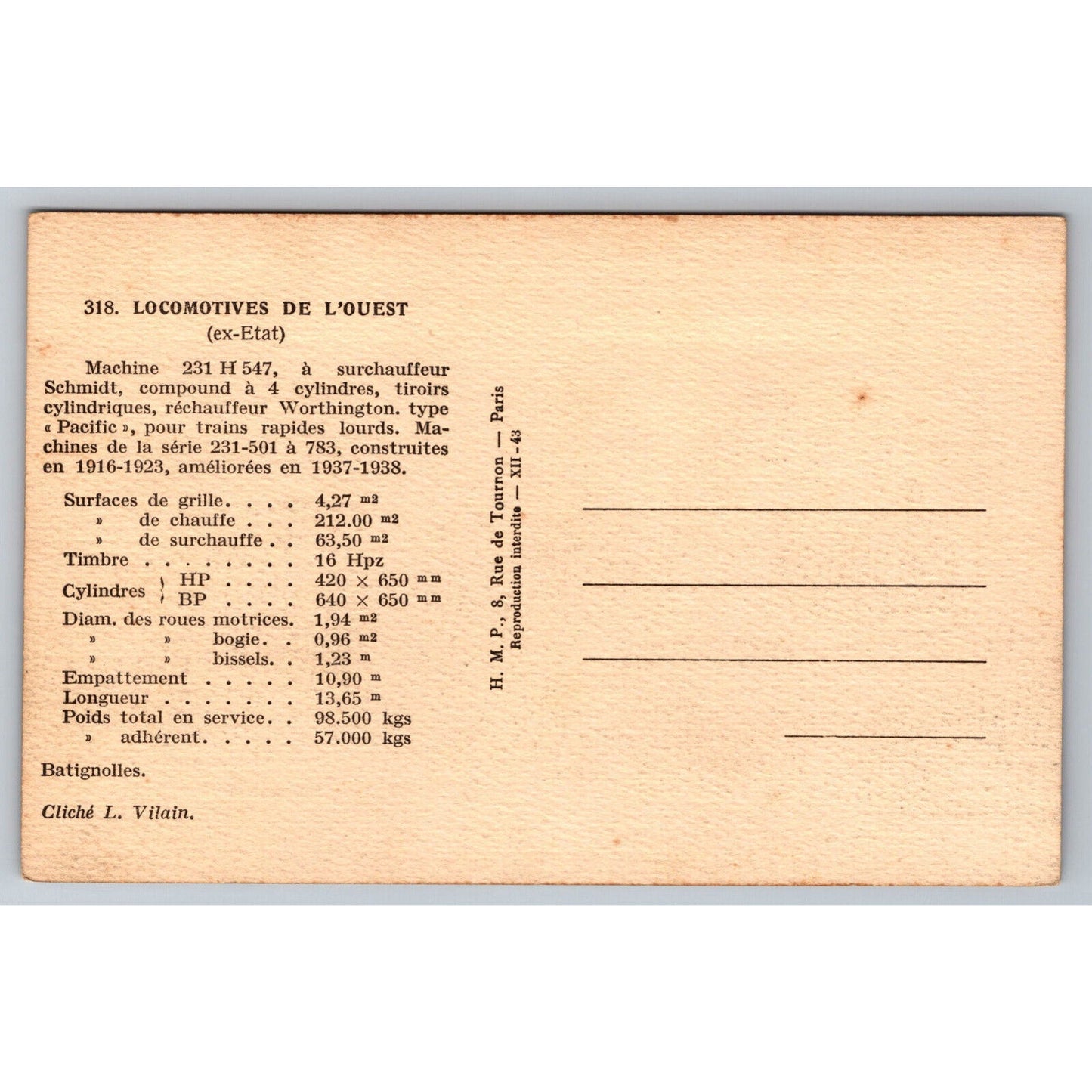 French Railroad RPPC* Postcard Machine 231 H 547 c1900 H.M.P.