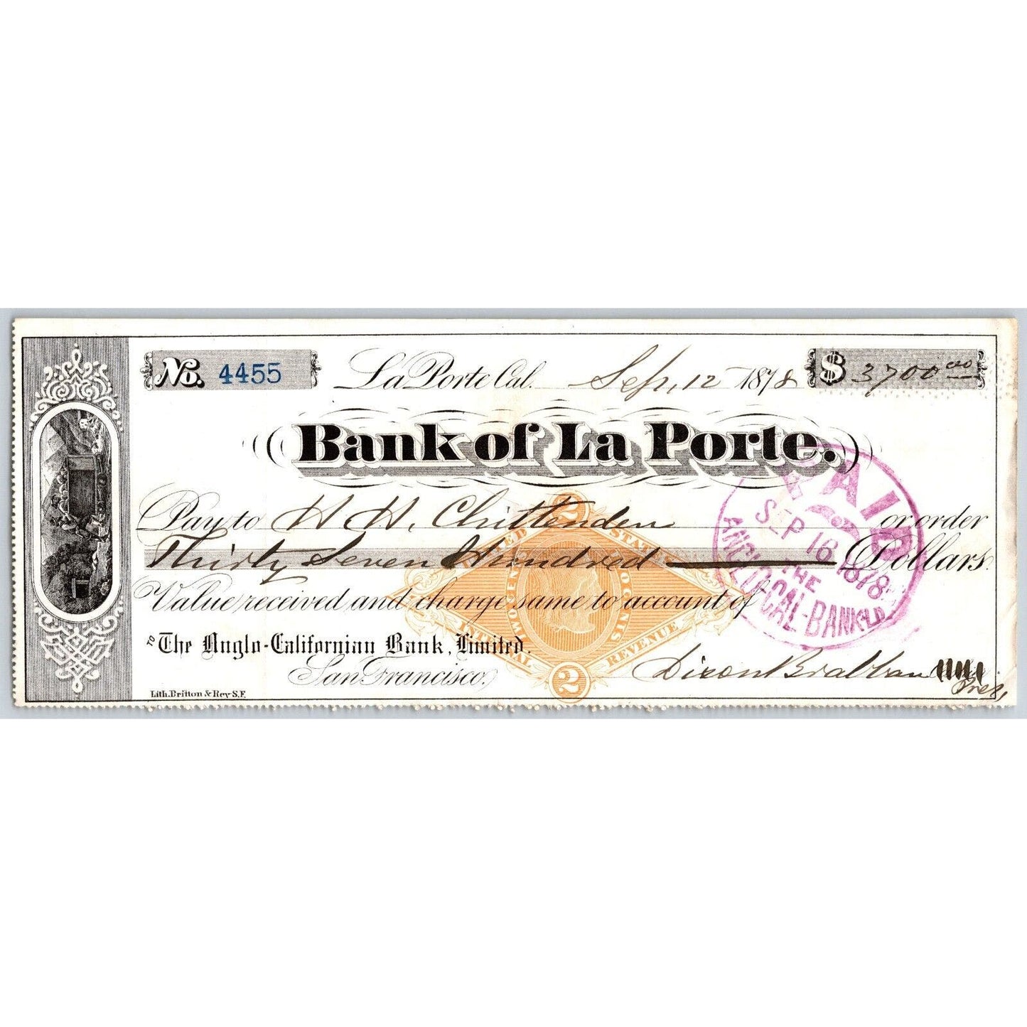 Bank of La Porte Check H.H. Chittenden 1878 Mining Vignette RN-G1 Rev Stamp 4455