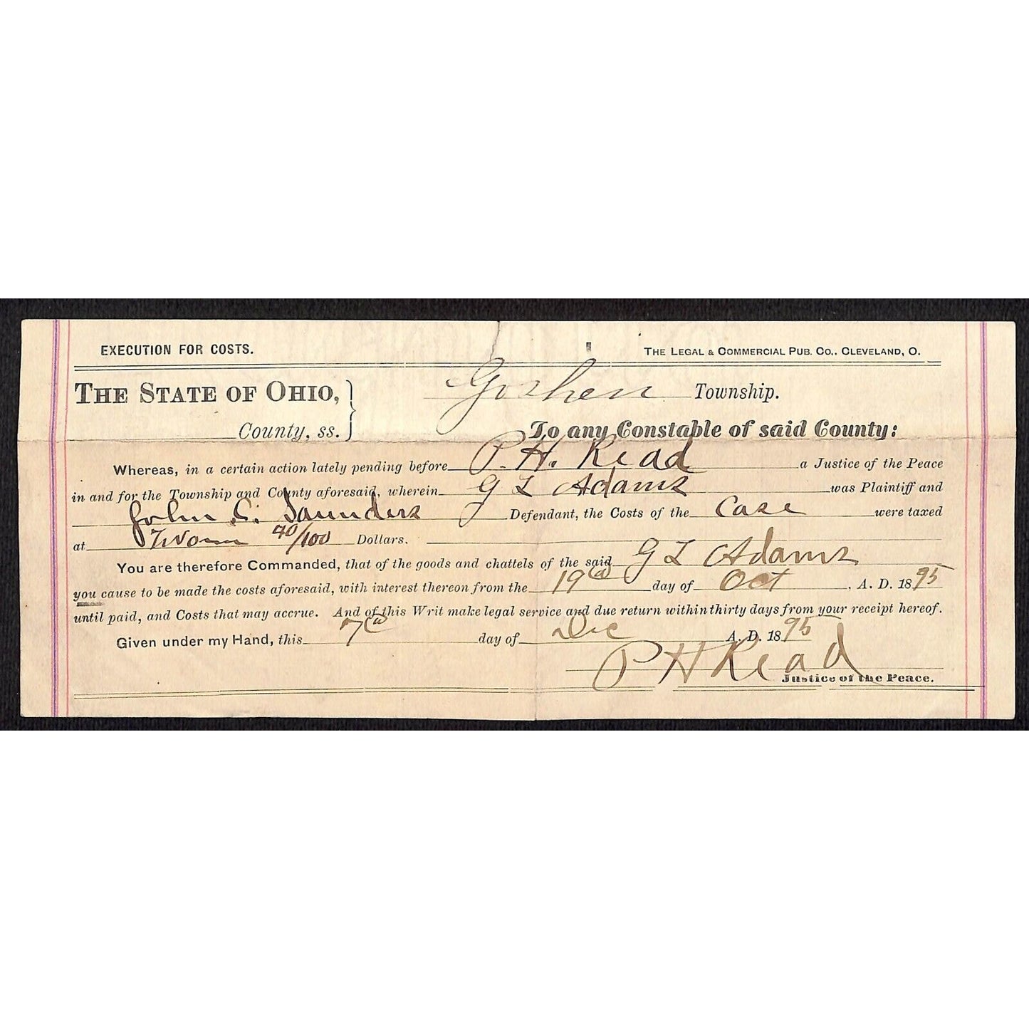 State of Ohio Goshen Township "Execution for Costs" Judgement / Warrant ? 1895