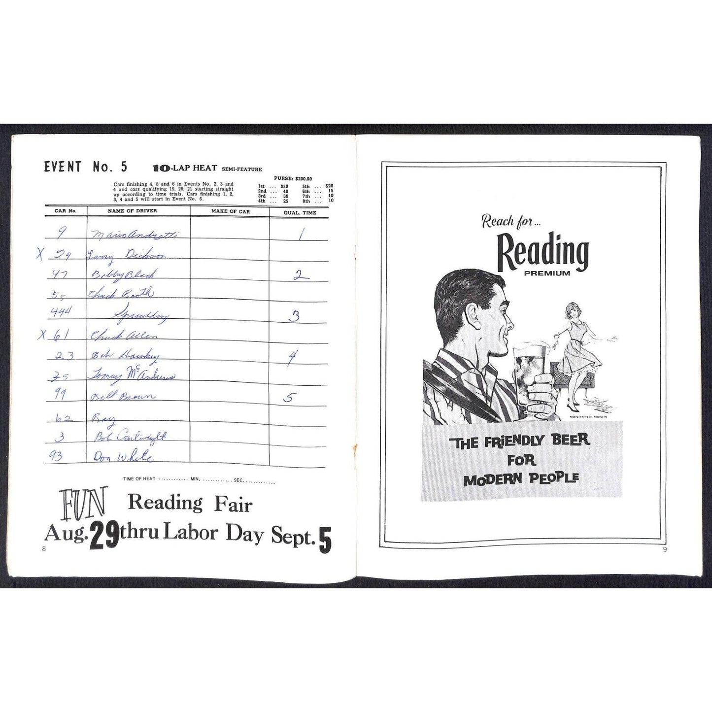 Reading Fairgrounds 1966 USAC Auto Races Program Sprint Car Mario 8pp*