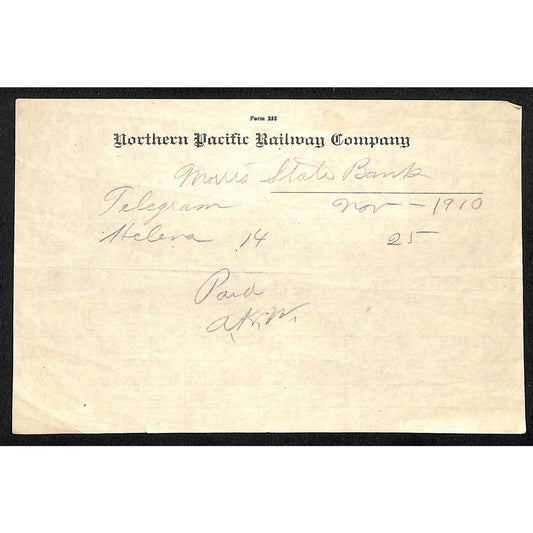 Northern Pacific Railway Company 1910 Letterhead Morris State Bank Pony, MT