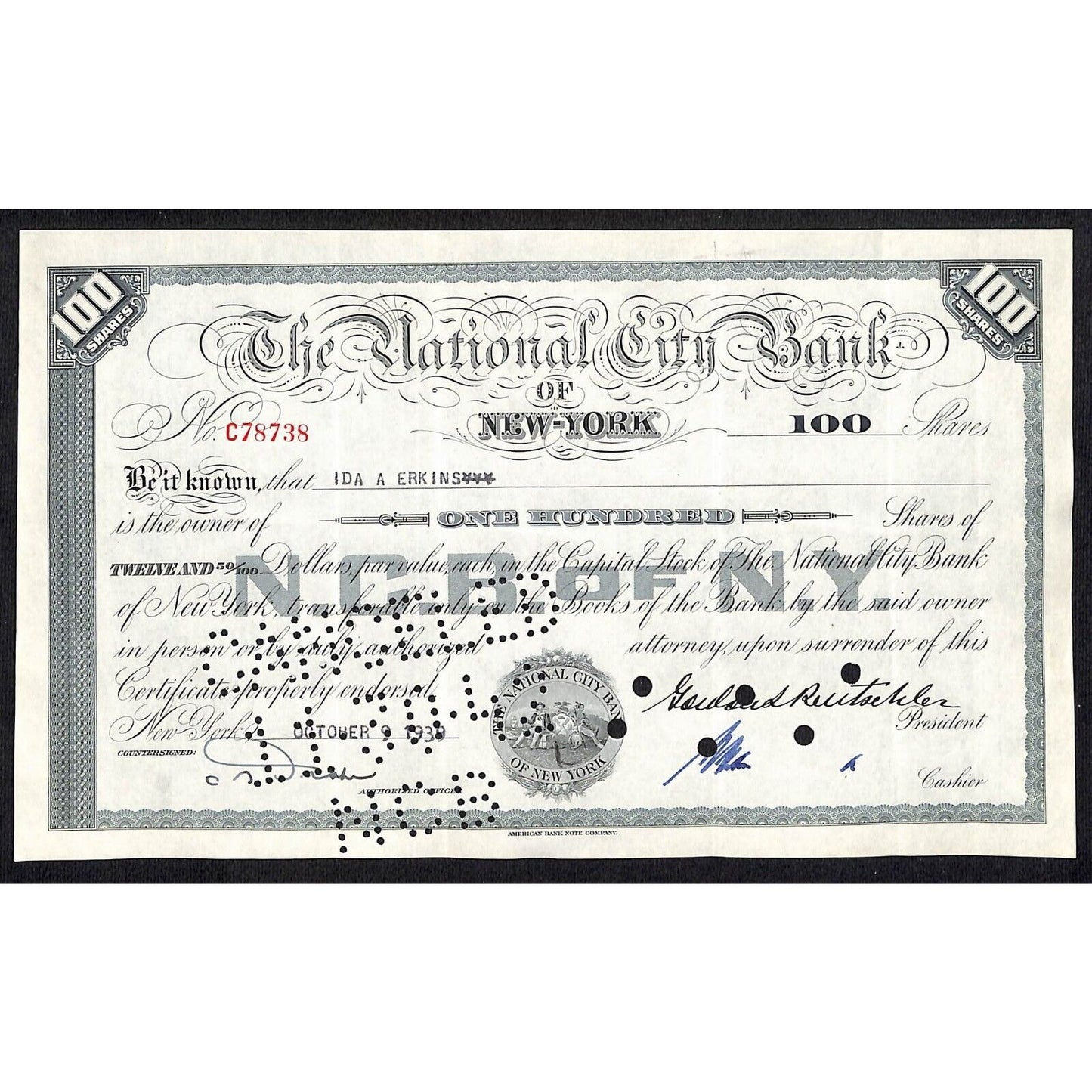 National City Bank of New York 1939 Stock Certificate Ida A. Erkins