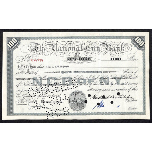 National City Bank of New York 1939 Stock Certificate Ida A. Erkins