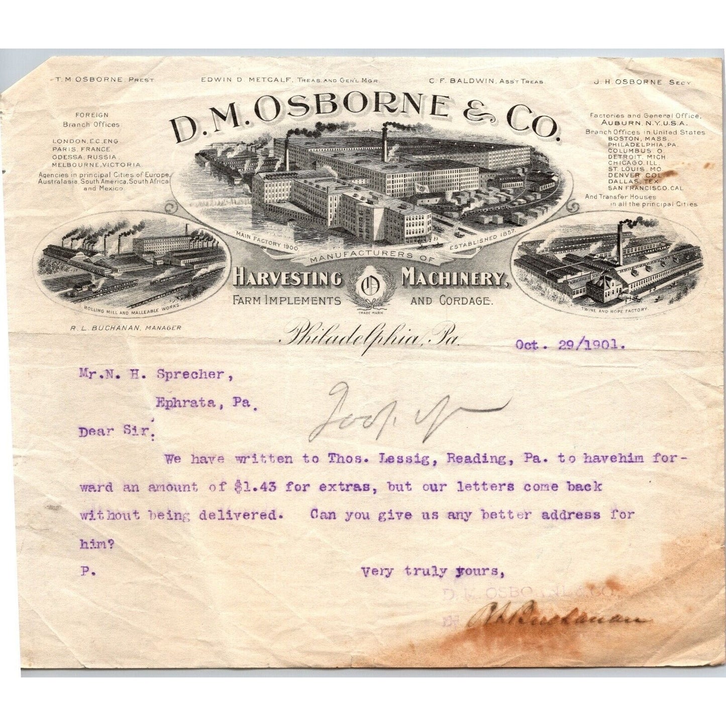 D.M. Osborne & Co. (IH*) Harvesting Machinery Oct. 29 1901 Letterhead Vignettes