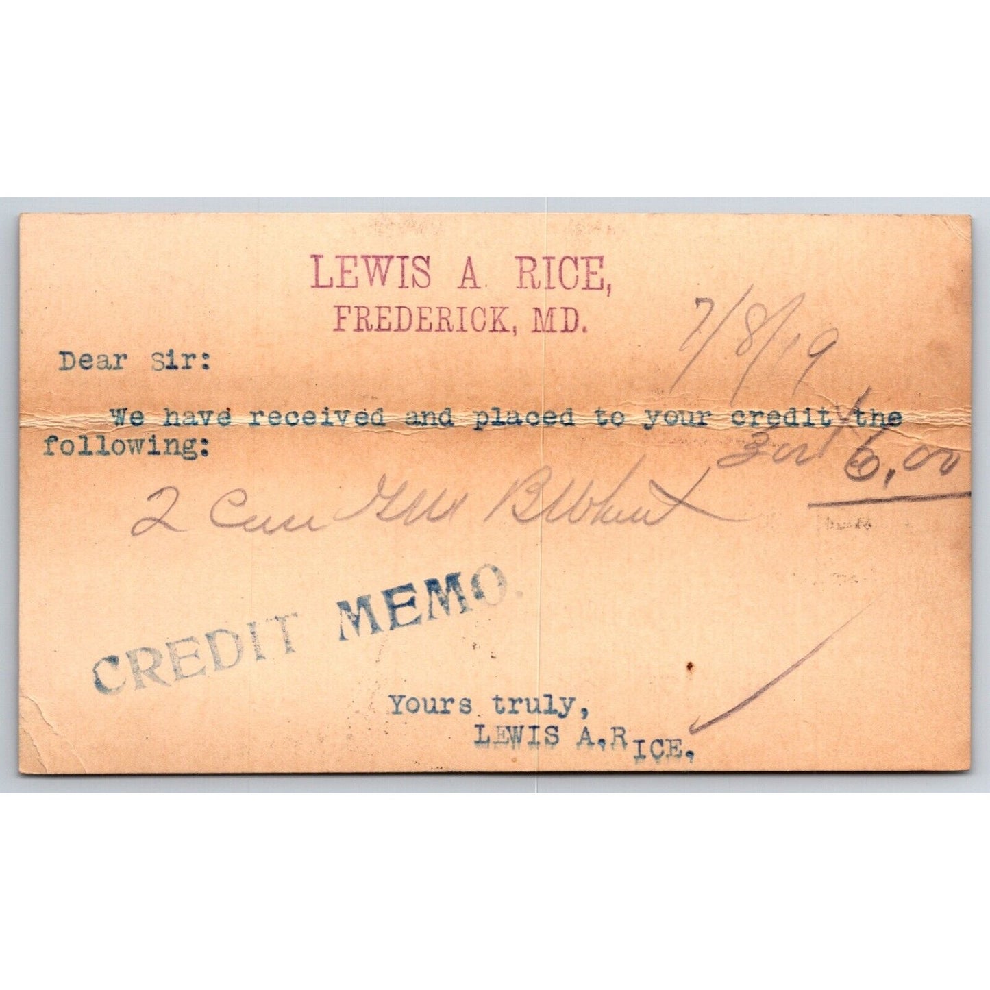Lewis A. Rice Frederick, MD 1919 Payment Receipt Postcard