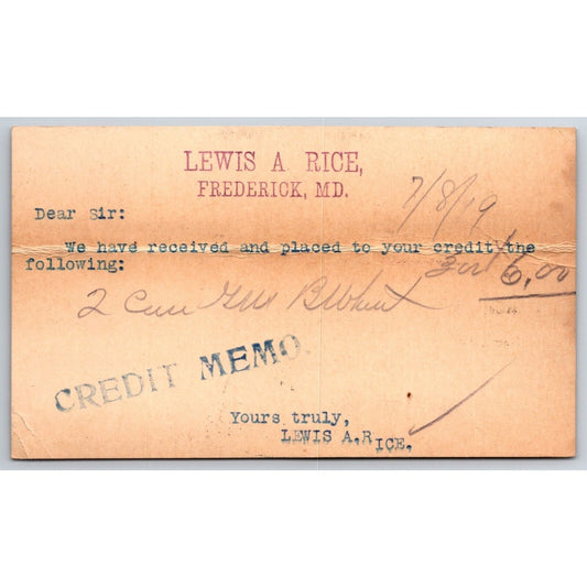 Lewis A. Rice Frederick, MD 1919 Payment Receipt Postcard