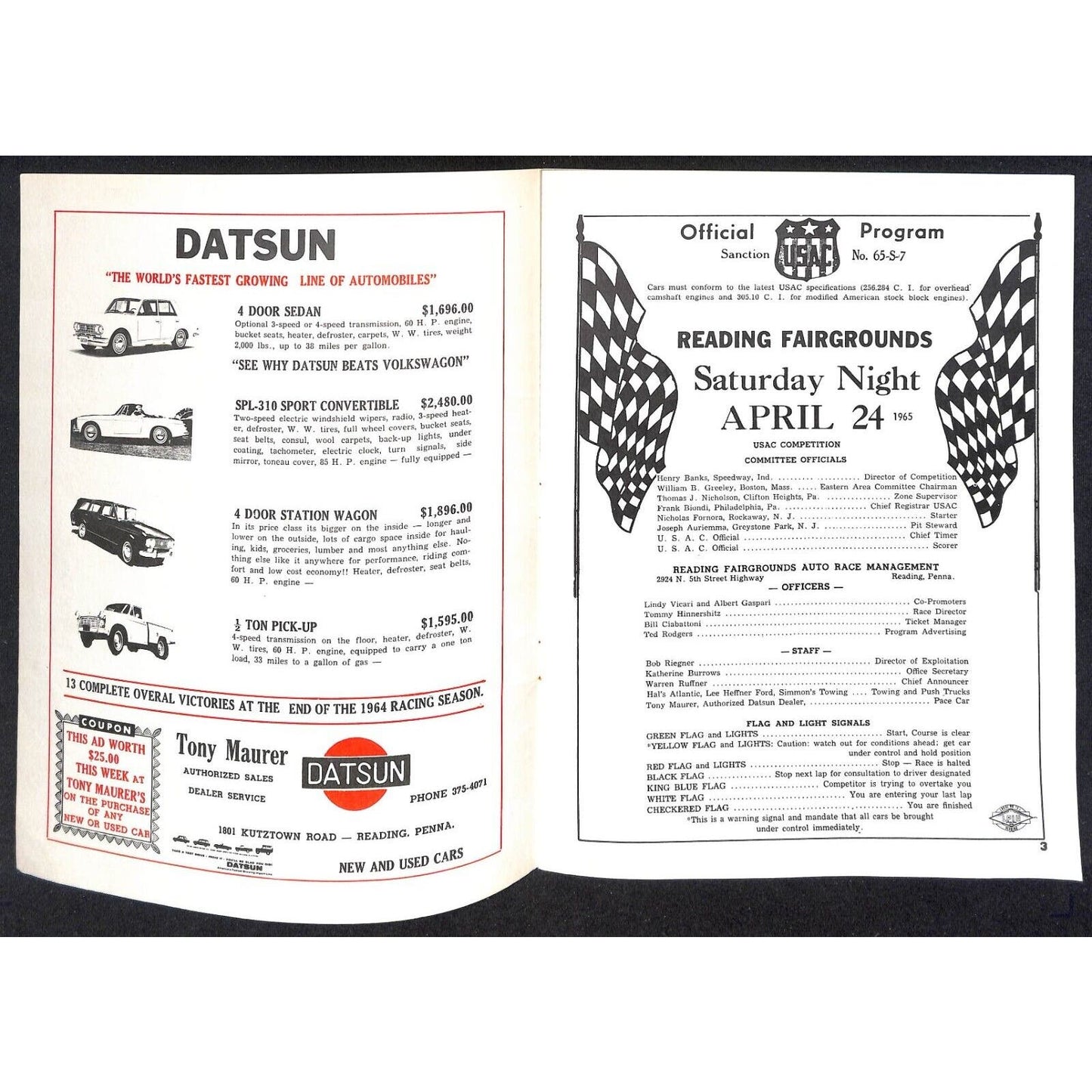 Reading Fairgrounds 1965 USAC Auto Race Program Sprint Car 6pp* A.J. Foyt Cover