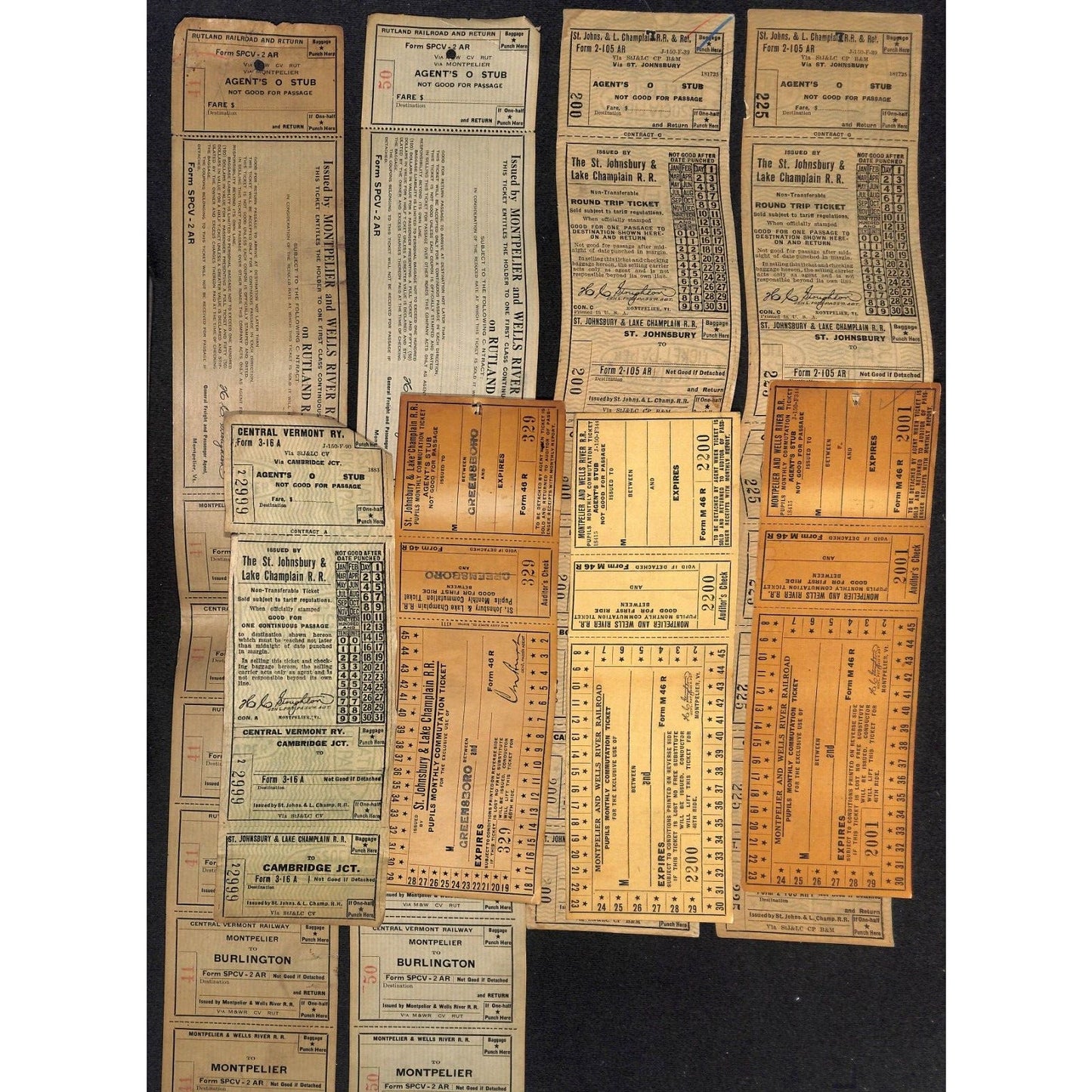 10 St. Johnsbury & Lake Champlain / Montpellier and Wells River RR Tickets c1940