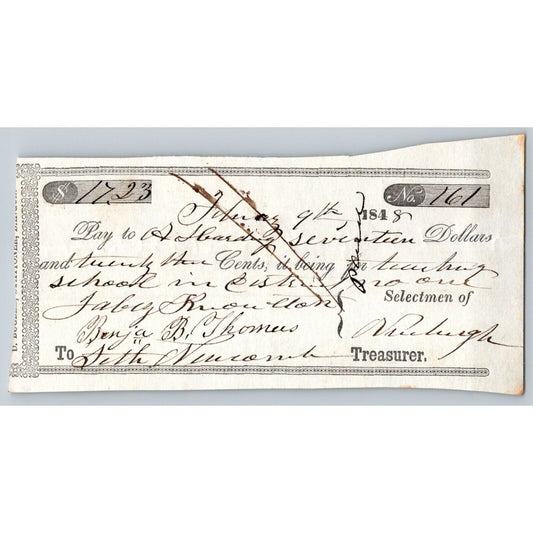 1848 Jabez Knowlton* Newburgh ME Town Check to A. Harding ? for Teaching