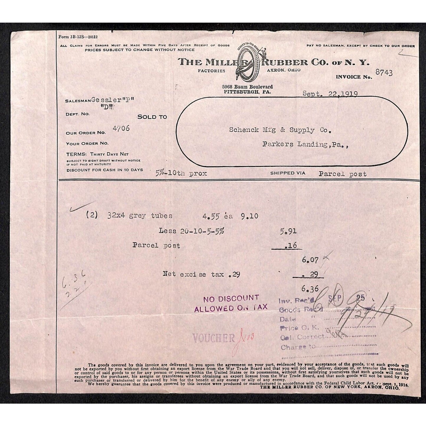 Miller rubber Co. of NY Pittsburgh 1919 Invoice for Grey Tubes