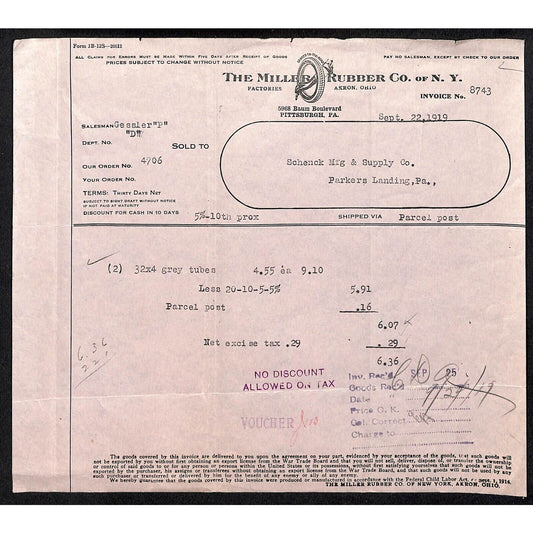 Miller rubber Co. of NY Pittsburgh 1919 Invoice for Grey Tubes