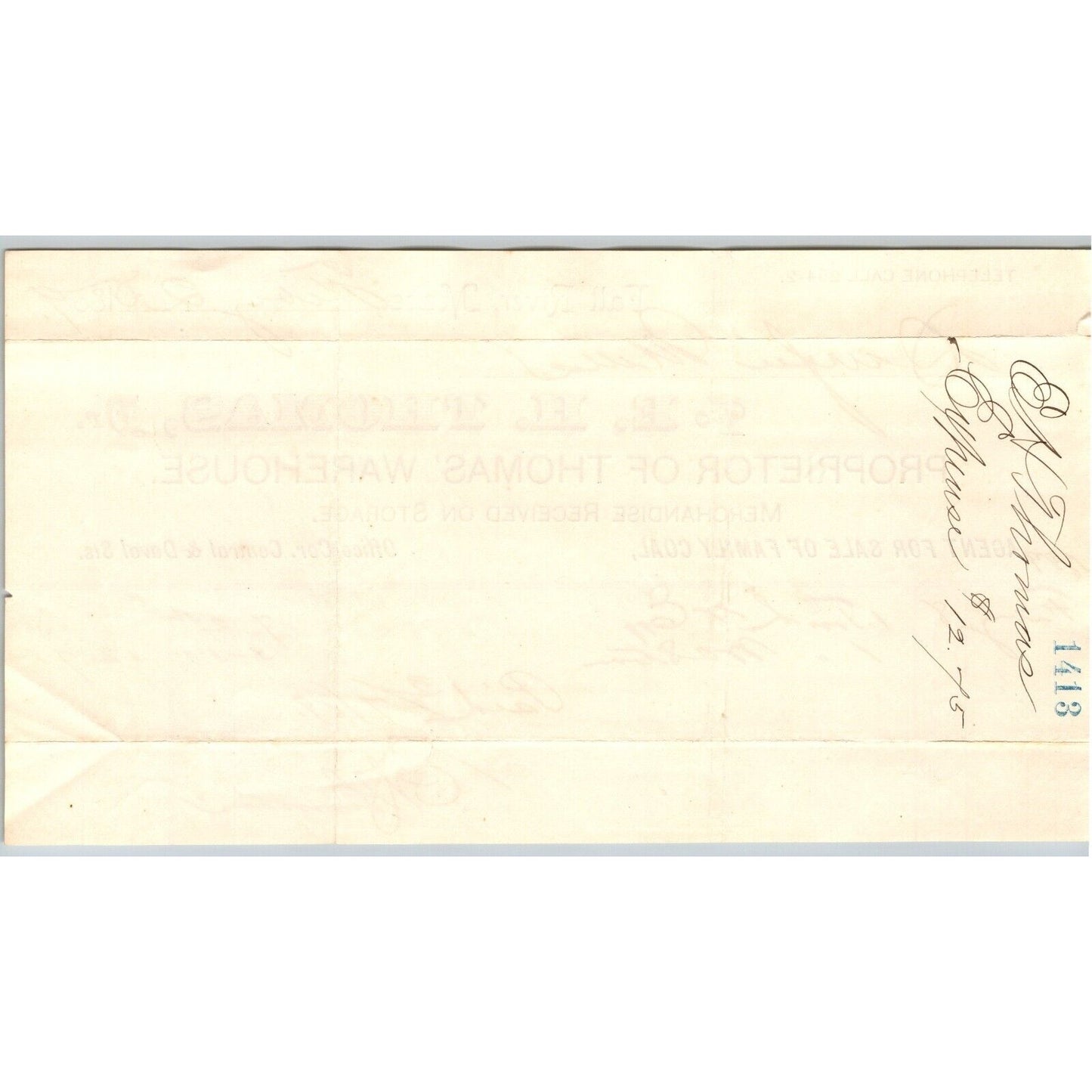 E.H. Thomas Warehouse / Storage Family Coal Fall River, MA 1889 Billhead
