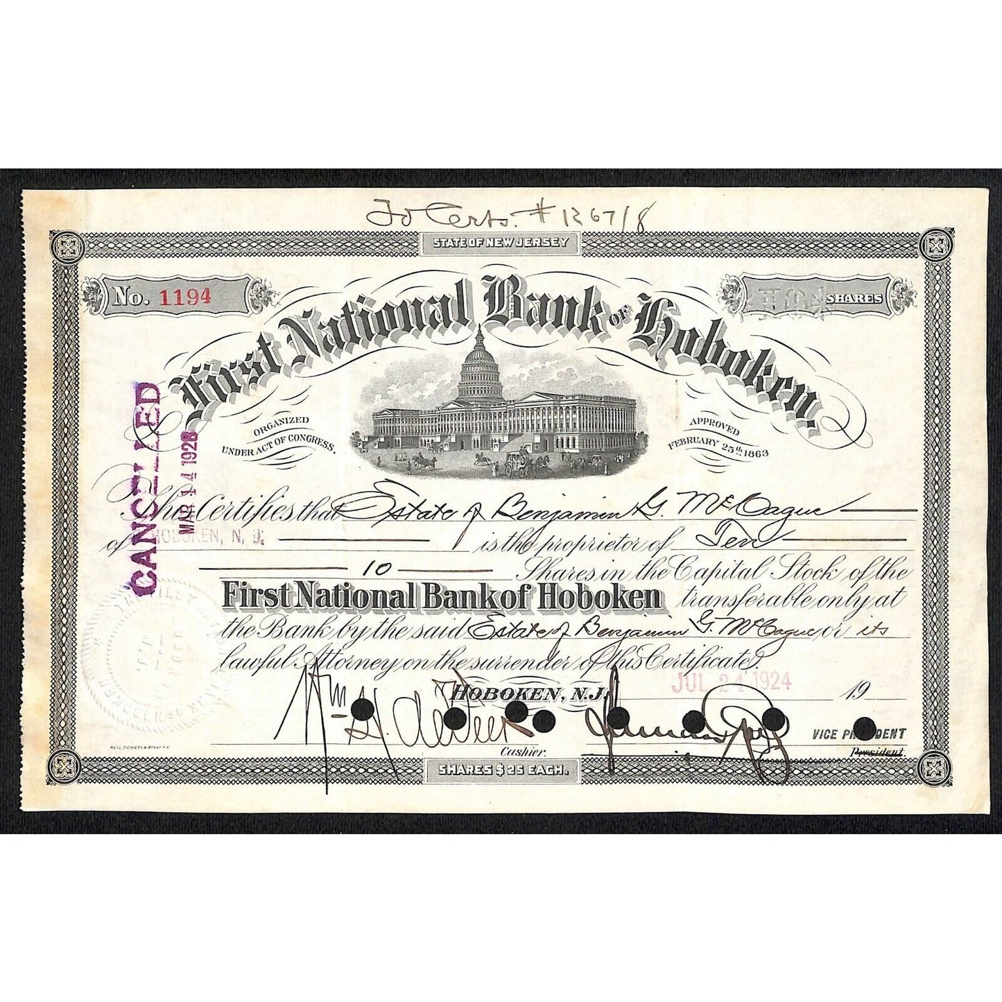 First National Bank of Hoboken NJ 1924 Stock Certificate Benjamin G. Mc Caque ?